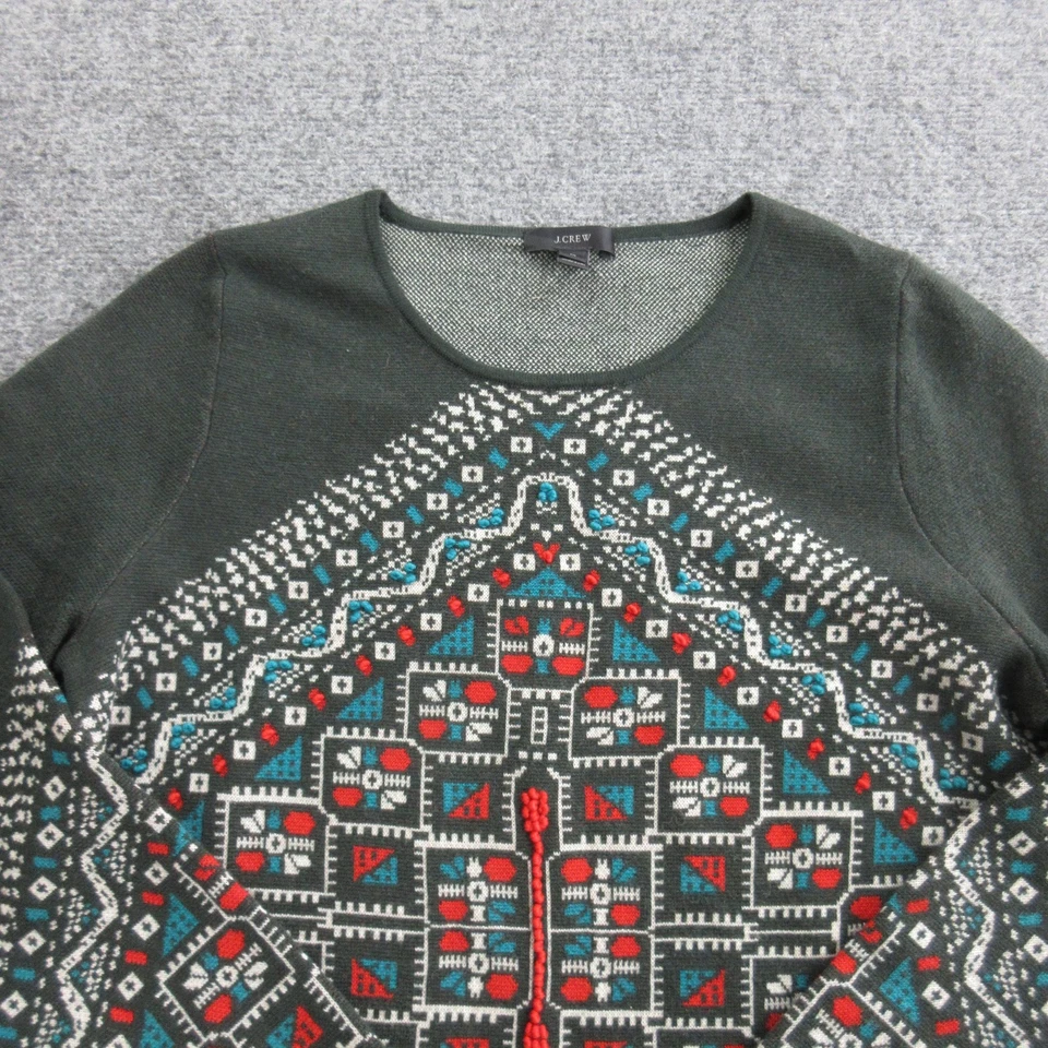 J.Crew Sweater Womens Medium Green Merino Wool Fair Isle Pullover Crewneck Knit - Image 2 of 4