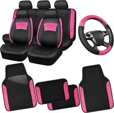 CAR PASS Universal Leather Pink Lace Car Seat Covers Full Set for Women Girls, W