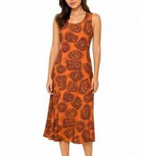 Vintage 90s Tribal Print Sleeveless Maxi Dress Size 12 Earth Tone Midi Boho