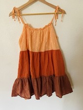 Blue Rain Cotton Orange Tiered Spaghetti Strap Mini Dress Textured Polka Dots S