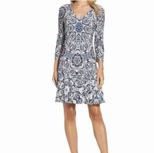 Eliza J Pink Navy Paisley Print V Neck Fit Flare Dress 3/4 Sleeve 2P Party