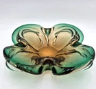 Murano Style Art Glass Bowl Green Amber Freeform Console Candy Dish VTG 7 Inch