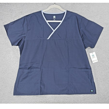 Maevn Mock Wrap Scrub Top Womens XL V-Neck Two Pockets Short Sleeve Navy Blue