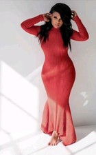 Women’s Red Ribbed Knit Mock Neck Long Sleeve Stretch Bodycon FISHTAIL Maxi