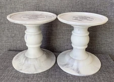 Set Of 2 Bath & Body Works White Marble Pedestal Candle Holder Stand Home Decor