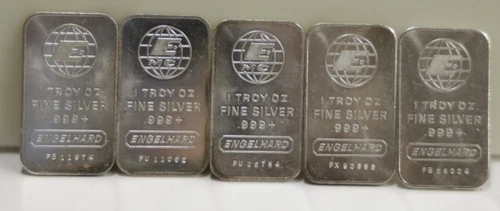 (5) Engelhard 1 oz .999 Silver Bars Globe Emblem Logo Back