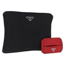 PRADA Pouch Nylon 2 Set Black Red Auth 174154