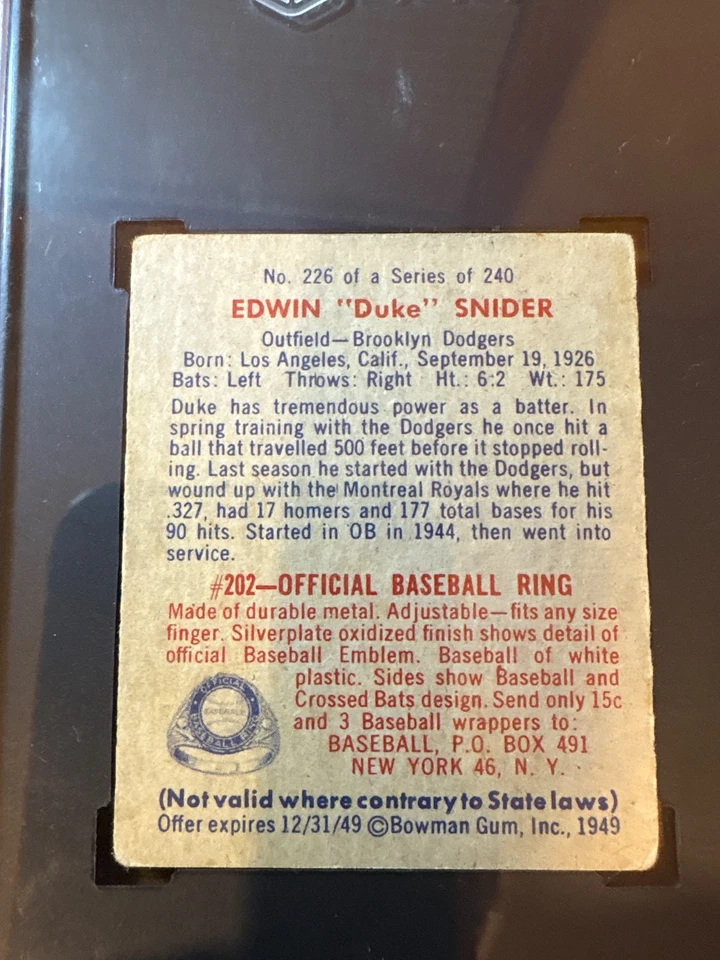 1949 Bowman - Duke Snider #226 Gray Back (RC) - Image 2 of 2