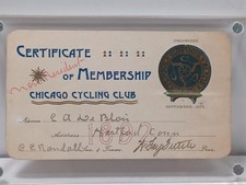 September 1892 Chicago Cycling Club Membership Card JRR6