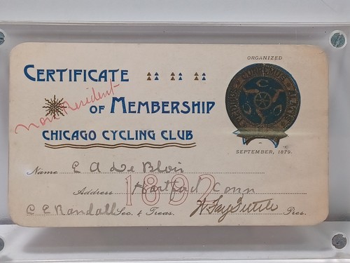 September 1892 Chicago Cycling Club Membership Card JRR6