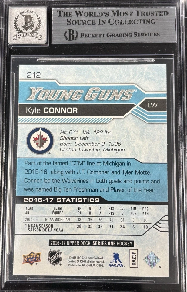 Kyle Connor Signed 2016-17 Upper Deck Young Guns RC #212 BAS Autograph Grade 10 - Image 2 of 2