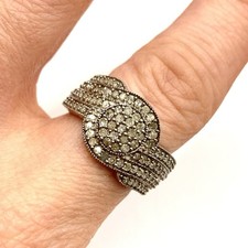 925 Sterling Silver Diamond Ring Pave Cluster Wave Band - Size N