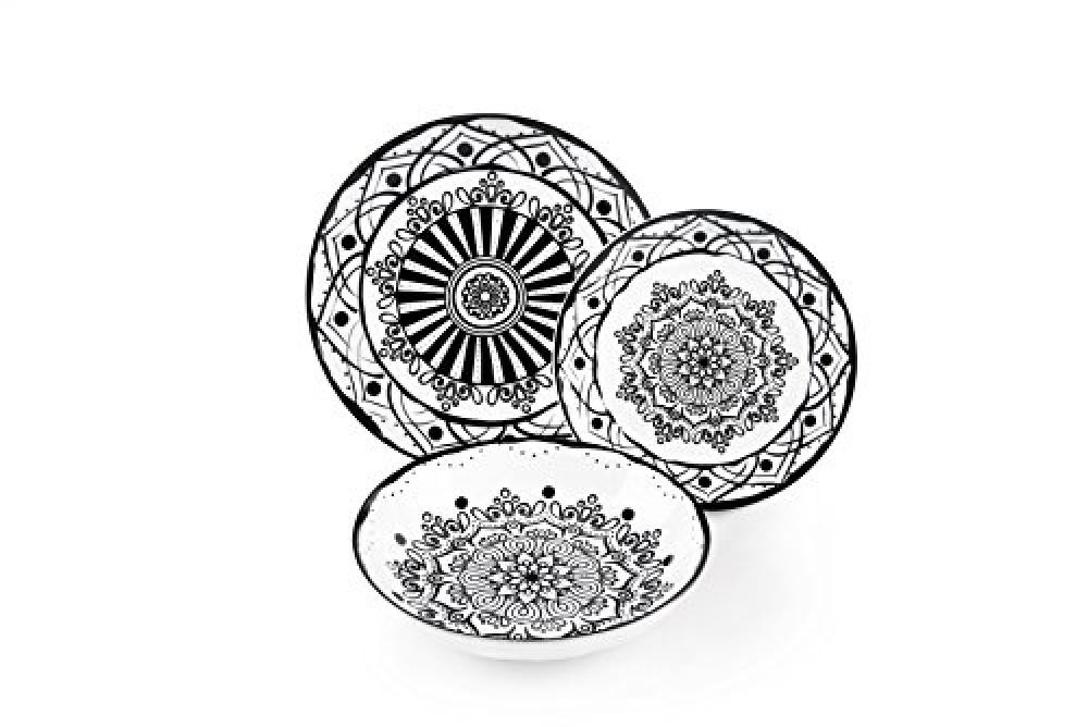 (TG. 24 x 24 x 2 cm) Excelsa Boheme Noir Servizio Piatti 18 Pezzi, Porcellana, N