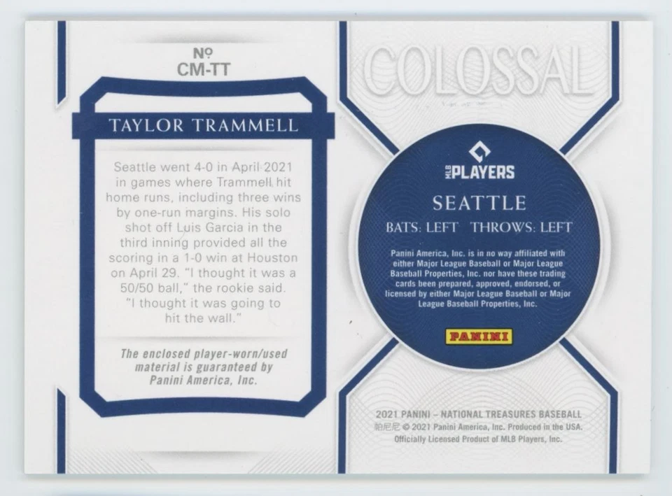 Taylor Trammell 2021 Panini National Treasures Colossal RC /49 Bat Relic #CM-TT - Image 2 of 2