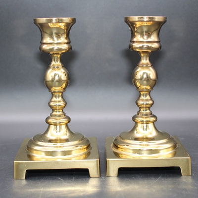 #ad Vintage Pair Heavy Solid Brass Square Footed Base Candlestick Holders 5quot; Tall $14.99