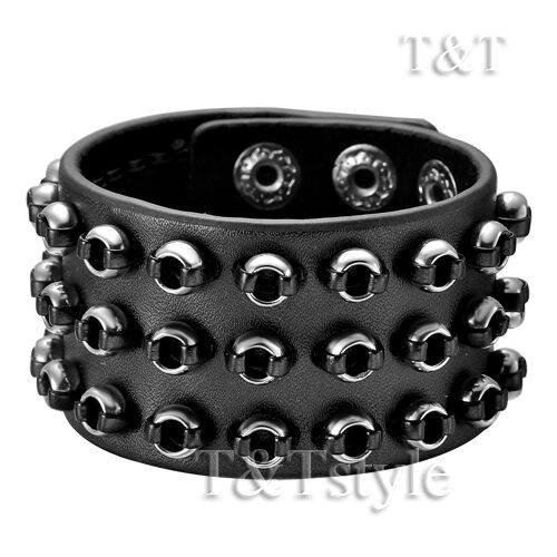 T&T Punk Round Stud Black Leather Bracelet Wristband Mens & Womens (PK41)