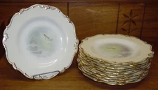 10 Antique Minton Bone China Plates - Fish Decoration - Davis Collamore NY - 9"