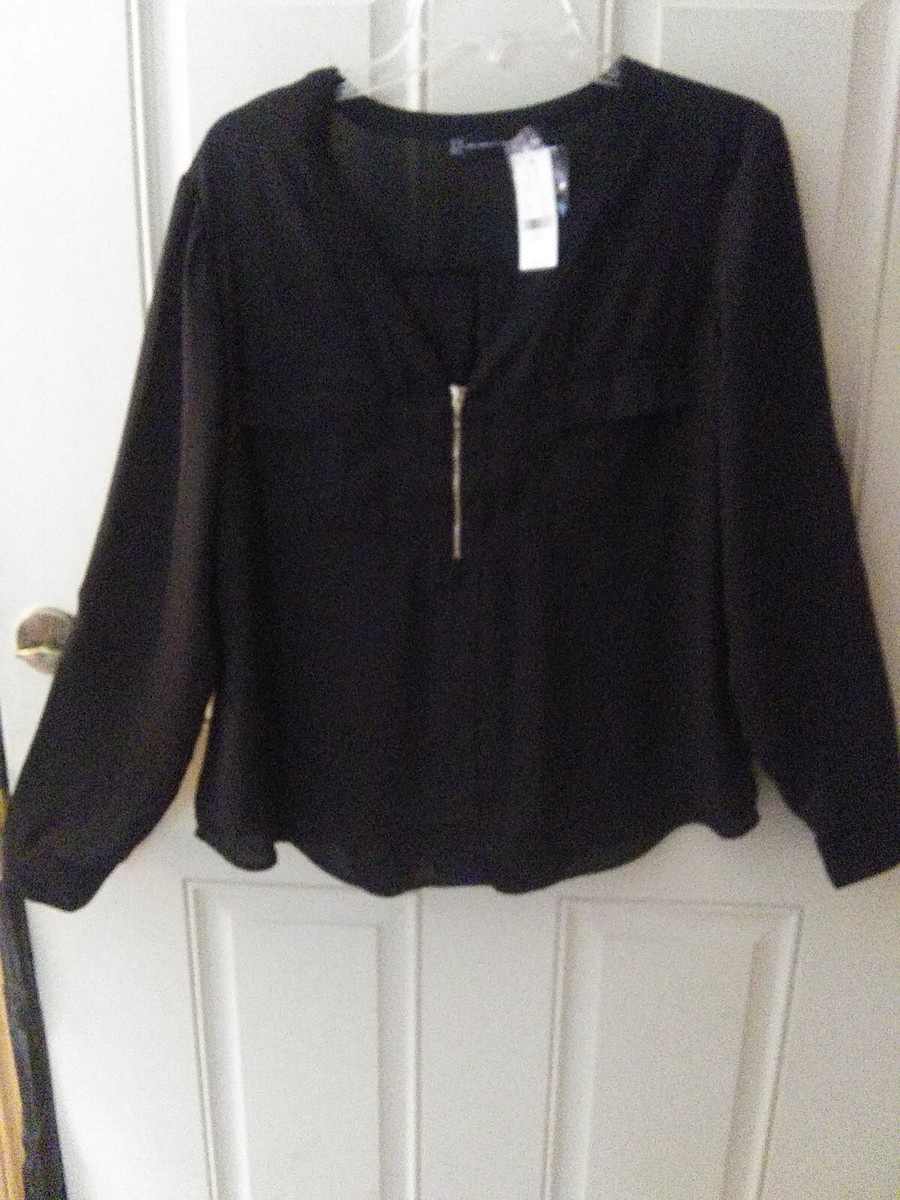 NWT NY&Co Large Semi Sheer Black Blouse VNeck Gold Zipper NWT NY&Co Large Semi Sheer Black Blouse VNeck Gold Zipper