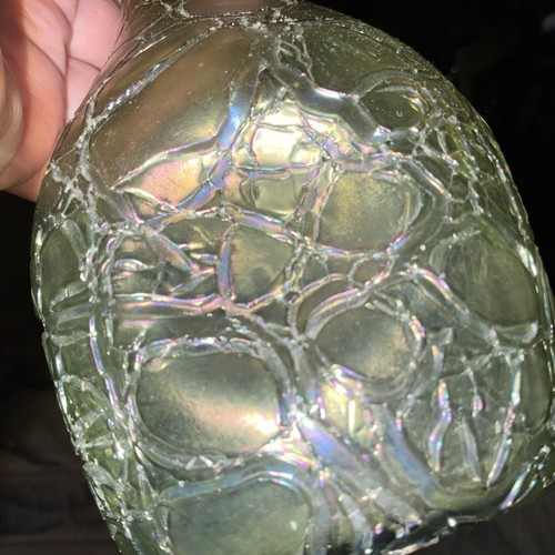 Rare 8” C1900 LOETZ WITWE GREEN Crete IRIDESCENT SLENDER Bottle Neck Dimple VASE - Picture 10 of 16