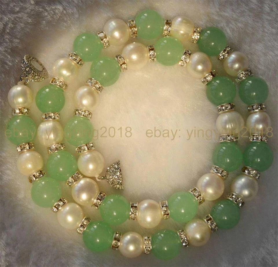 9-10mm Genuine White Cultured Pearl Natural Green Jade Necklace Bracelet Earring - Image 4 of 4
