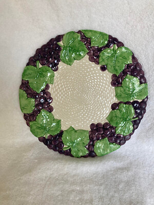Vintage Fitz & Floyd Serving Plate 1990 Embossed Ceramic White Wicker Grapes New