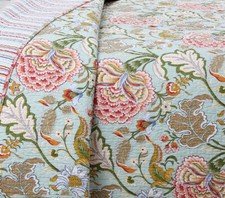 GREEN JACOBEAN 3pc King QUILT SET : COTTON COTTAGE COZY PINK CAMELLIA FLORAL