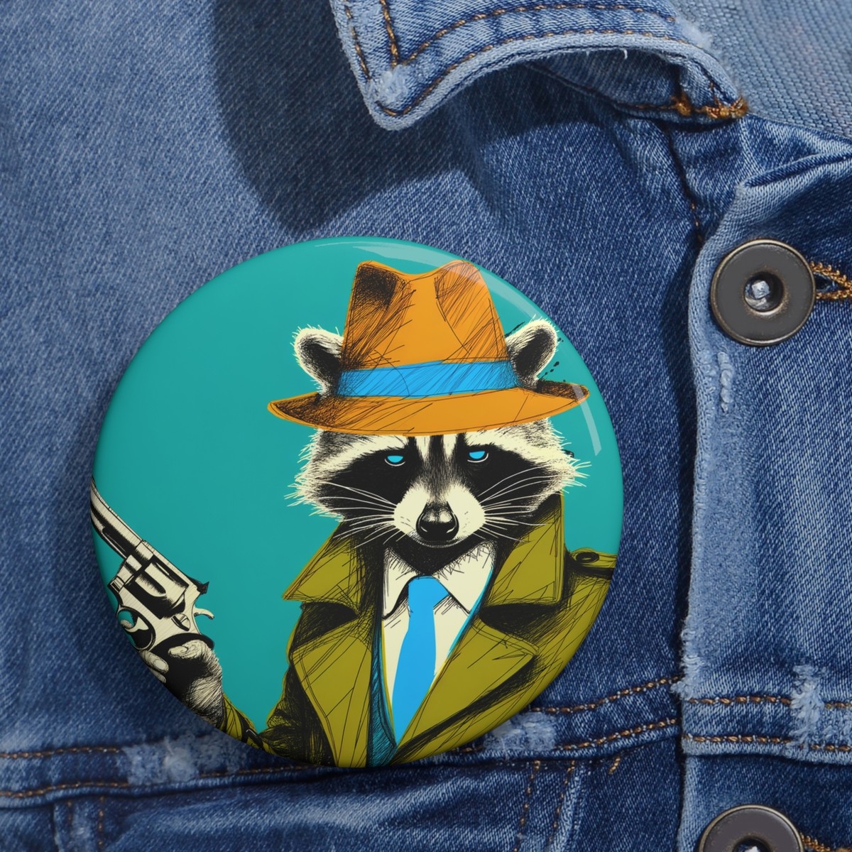 Custom Pin Button Badge Raccoon Trench Coat Vintage Style Revolver