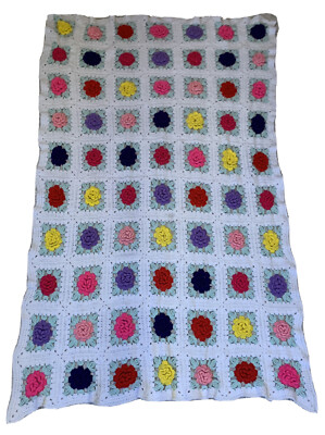 VTG Crochet Blanket 3D Roses Flowers Granny Square Afghan Beadspread White Multi