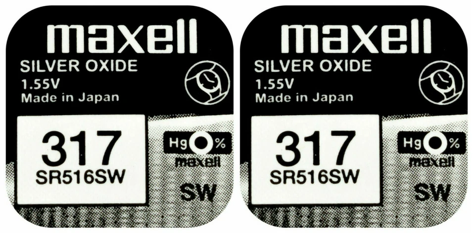 2 x Maxell 317 Pila Batteria Orologio Mercury Free Silver Oxide SR516W 1.55V