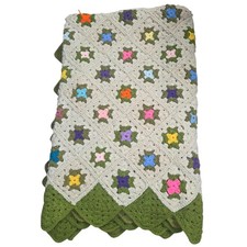 Vintage Handmade Crochet Floral Granny Square Afghan Rainbow of Stars Blanket