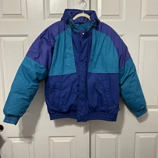 VTG 80s Mighty Mac Men's Down Ski Jacket Size M Teal Purple Colorblock Retro EUC