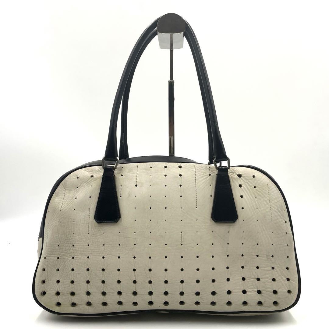 Prada Perforated Bowling Bag Two-Tone Triangle Logo White & Black Leather