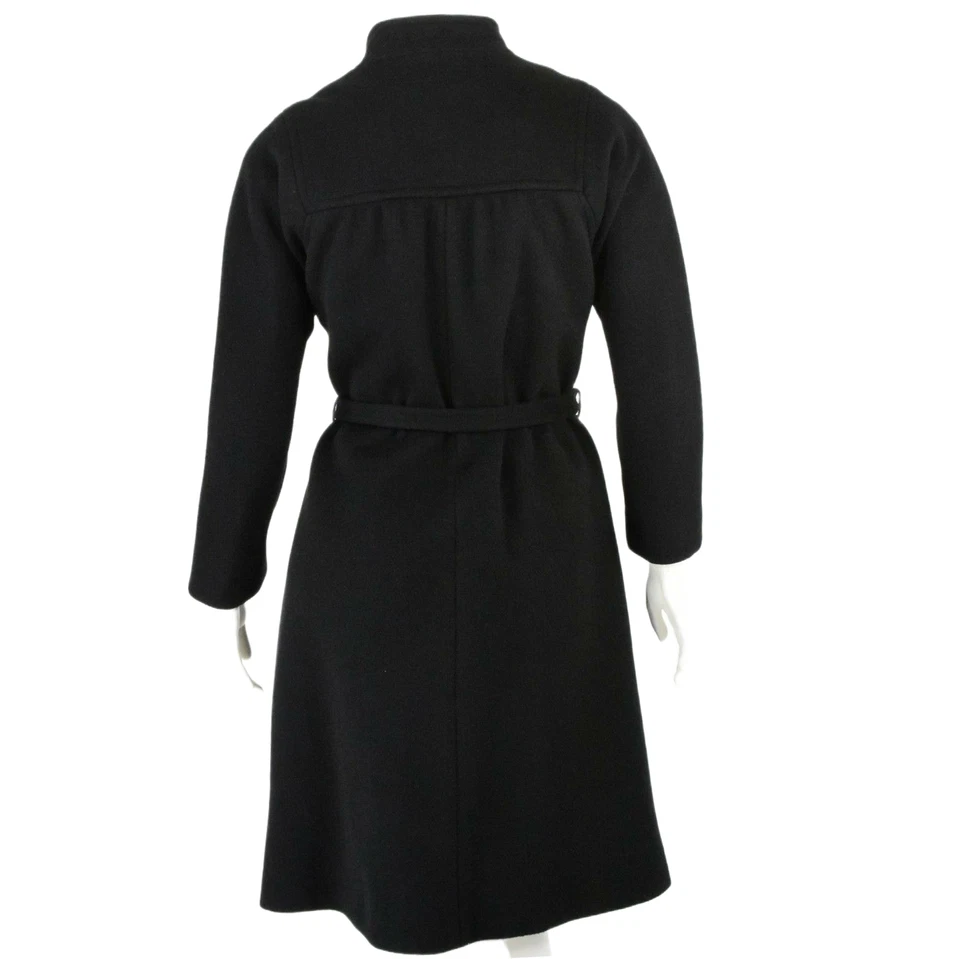 70s Vintage Melton Wool Wrap Coat Womens M Long Black Belted Overcoat Silk Lined - Image 3 of 4