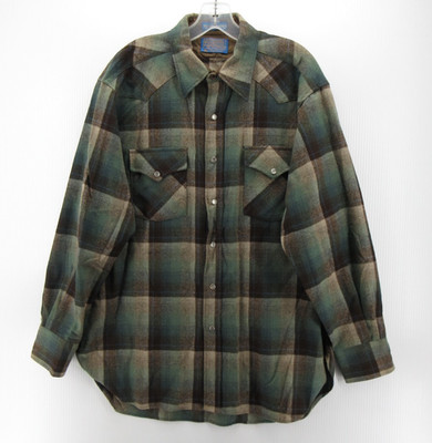VTG Pendleton Shirt Men Large Green Virgin Wool Flannel High Grade Western Snap