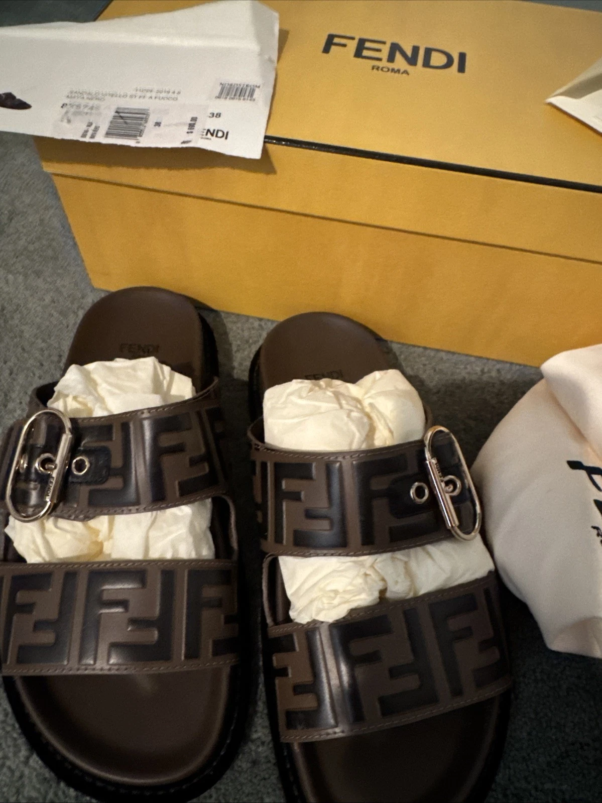 Fendi — Fendi sandals 38 Basically NEW In Box Buckle Footbed Logo No Scratches