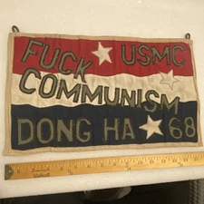 VINTAGE VIETNAM WAR EMBROIDERED BANNER DONG HA 1968 F**K COMMUNISM