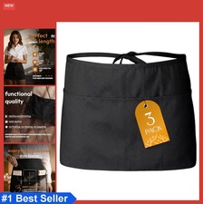 Waist Aprons 3 Pack Black Polyester 3 Pockets 24 Inch Adjustable Waist Tie For