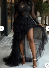 Illusion Mock Neck Tiered Mesh Party Maxi Mullet Dresses-Black Size L