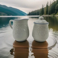 Tabletops Unlimited Victorian White Rose Blue Rim Sugar & Creamer Set