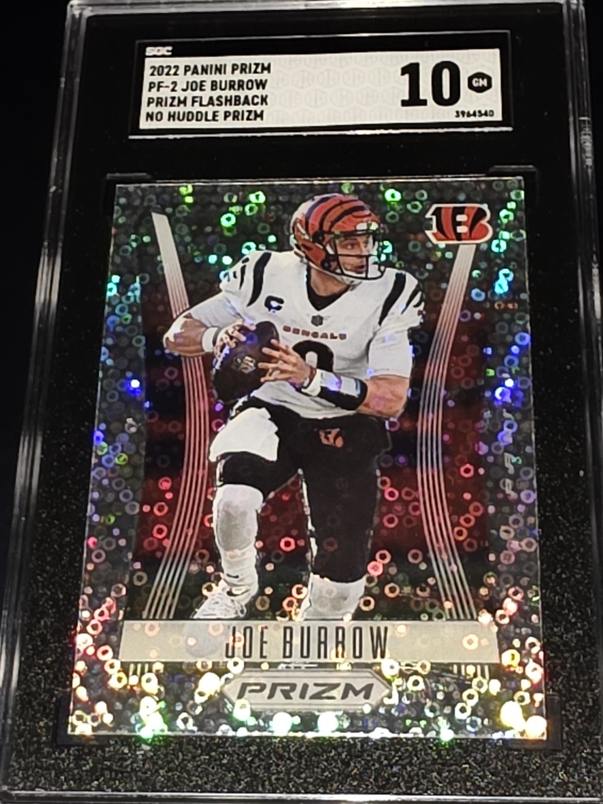 2022 Prizm NFL Joe Burrow PF2 CIN Bengals QB No Huddle Flashback Prizm SGC 10