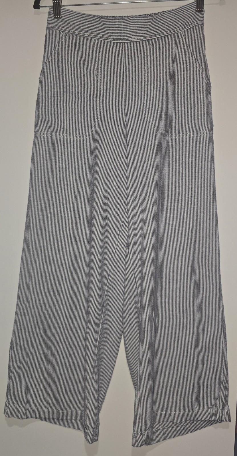Max Studio Women Size S Pull On Wide Leg Pants Rayon Linen Blend Blue Stripe