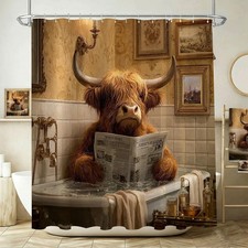 Highland Cow Shower Curtain Funny Highland Cow Reading Newspapers Bathroom Sh...