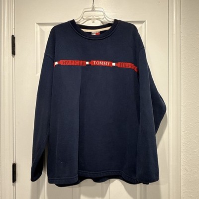 Vintage Tommy Jeans Hilfiger Spellout Flag Tape Fleece Sweatshirt Mens XL 90s