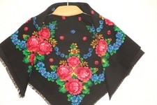 Black wool shawl Vintage Ukrainian floral scarf, folk slavic shawl Retro russian