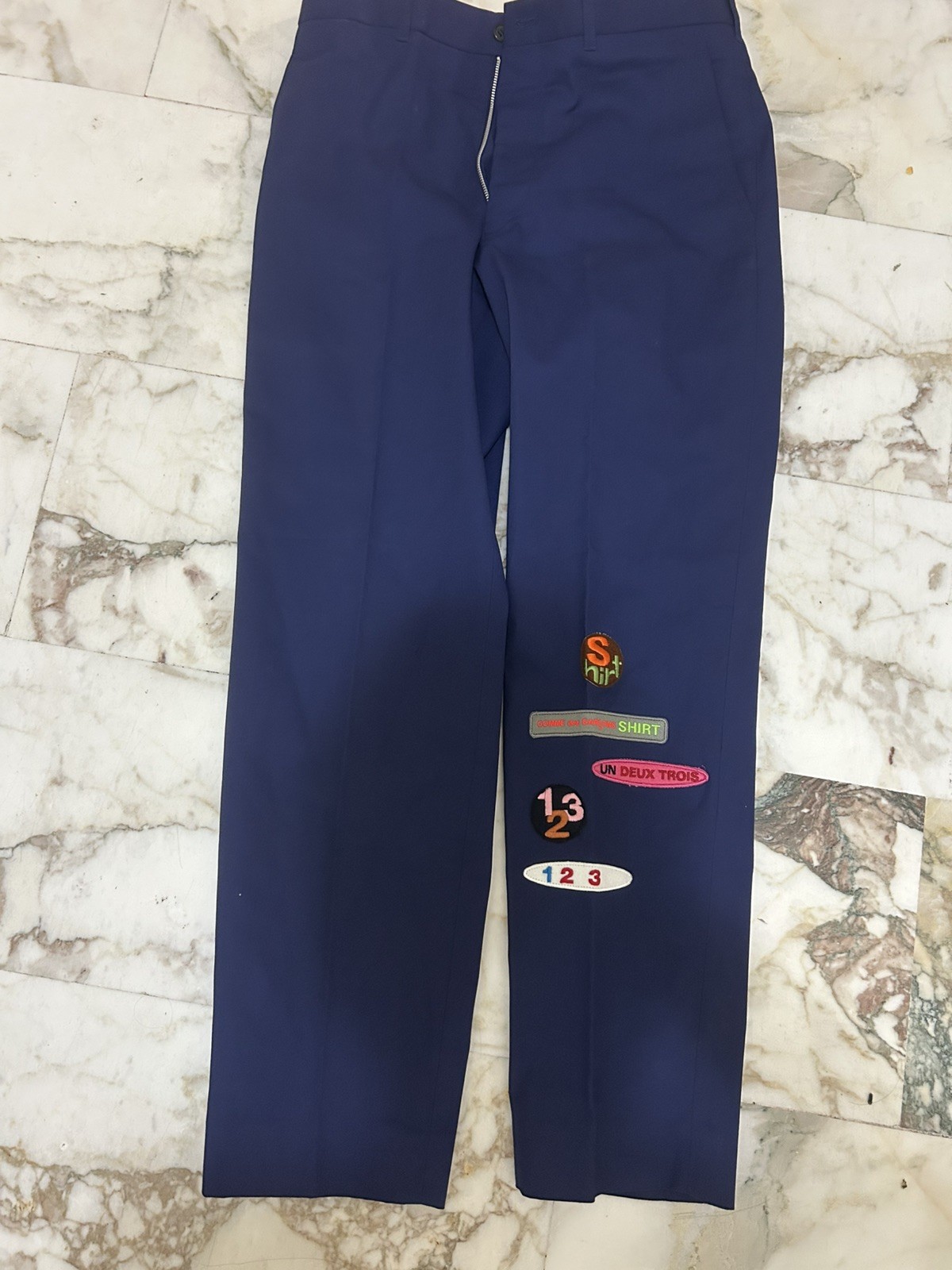 COMME des Garcons Shirt pantaloni blu navy patch logo – taglia S Made in France