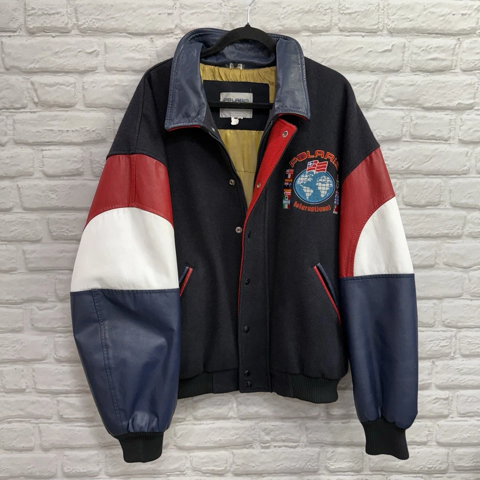 Vintage Polaris International Snowmobiles Wool & Leather Varsity Jacket Mens XL - Image 2 of 4