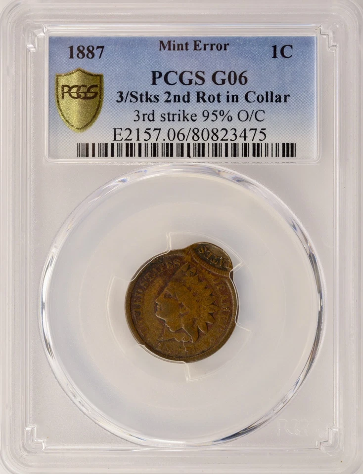 1887 1c Indian Cent Triple-Struck, 3rd 95% Off-Center PCGS G6 - Image 3 of 4