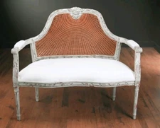 2 Seater Cane Back Accent Settee Parchment Wood with Upholstered Seat