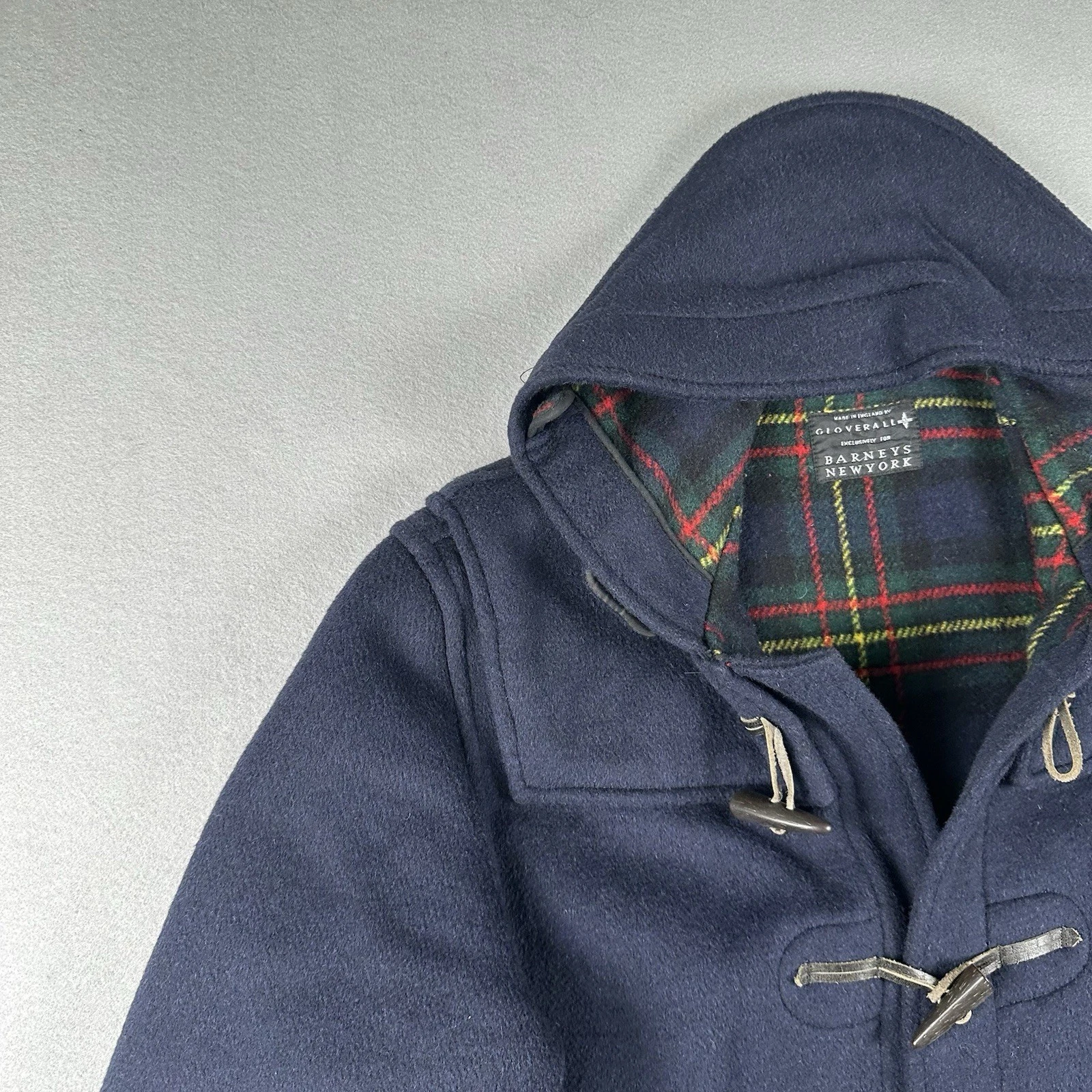 Gloverall Duffle Coat Men’s Small Navy Blue Wool Toggle Hooded Tartan England - product detail image 9
