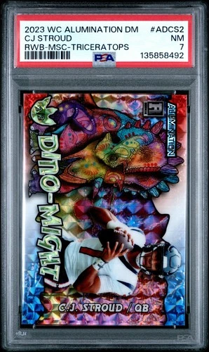 8492 C.J. Stroud 2023 Wild Card Alumination DinoMight RWB Triceratops /2 PSA 7
